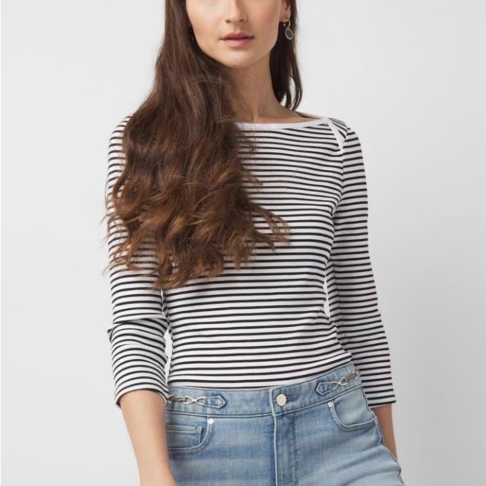 White House Black Market Black and White Striped 3/4 Sleeve Ribbed Form Top